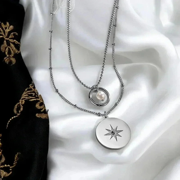 🆕️18K White Gold Plated Star Charm Minimalist Layered Necklace Dainty Pearl - Picture 10 of 13